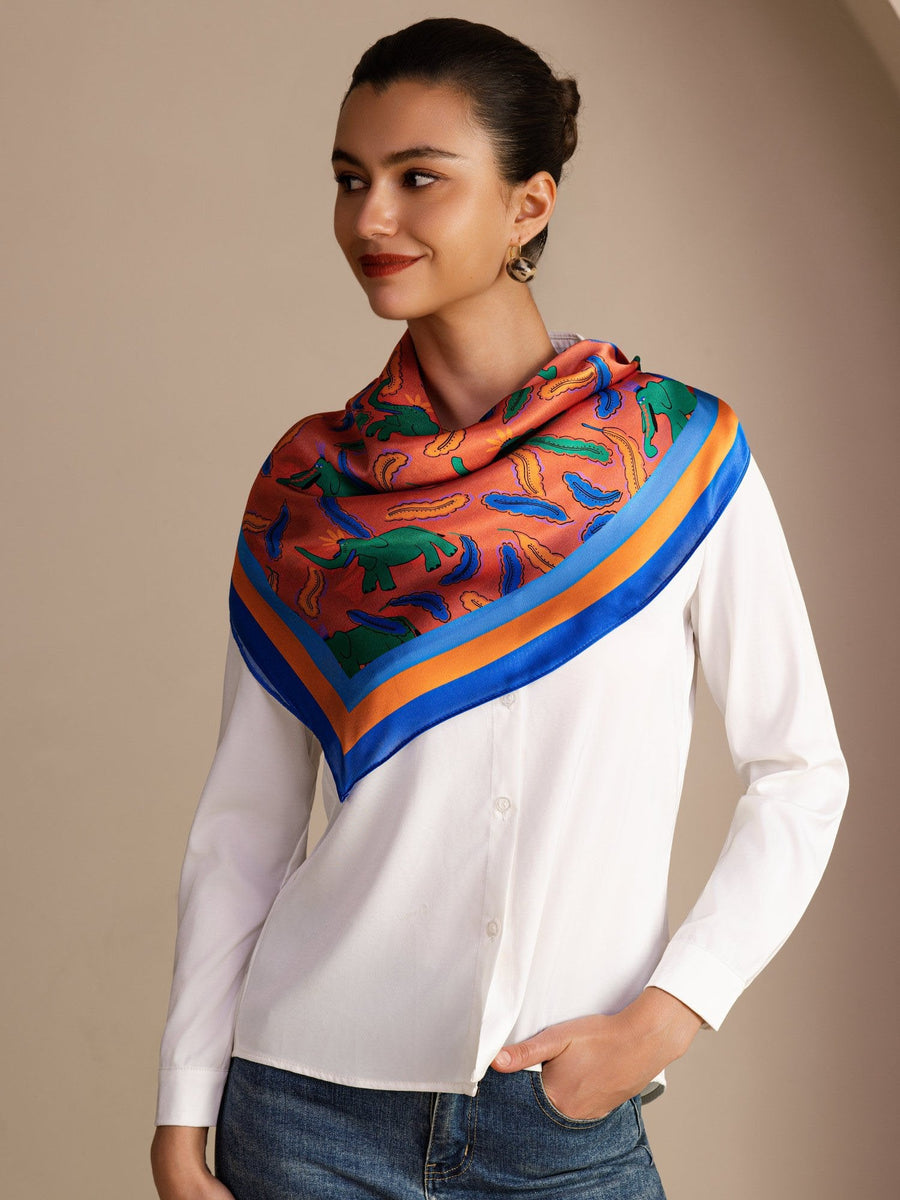 100% Mulberry Silk Elephant Pattern Scarf - Size 90x90cm