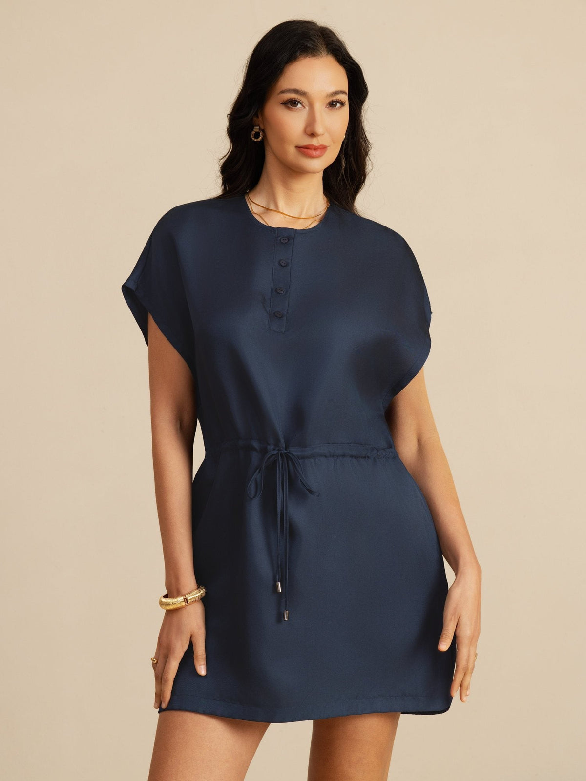 Clearance - 100% Mulberry Silk Henley Neck Cap Sleeve Short Dress With Drawstring