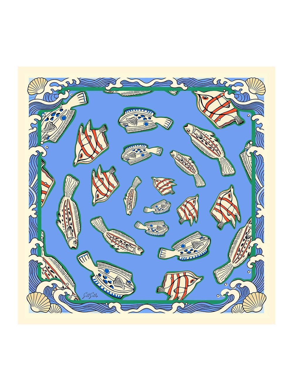 100% Mulberry Silk Fish Pattern Scarf - Size 90x90cm