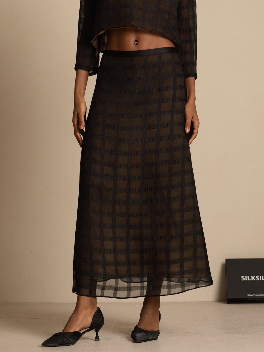 Clearance - 100% Mulberry Silk High-Waist A-Line Textured Grid Long Skirt With Back Zipper