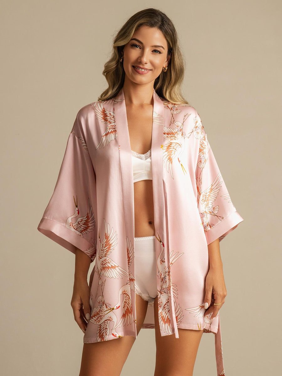19Momme 100% Mulberry Silk Crane Print 3/4 Sleeve Short Women's Kimono Robe with Wrap Design