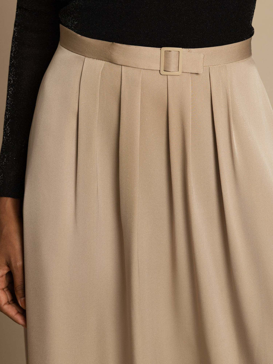 19Momme Silk High Waist A-Line Pleated Midi Skirt with Pockets