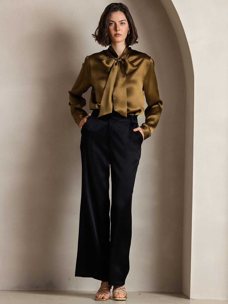 Elegant 19Momme Silk Long Sleeve Tie Neck Blouse
