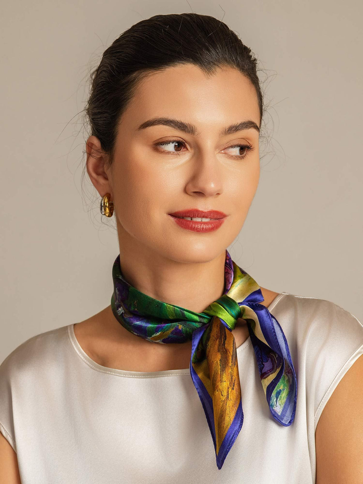 100% Mulberry Silk Floral Oil Painting Square Scarf - Size 53x53cm