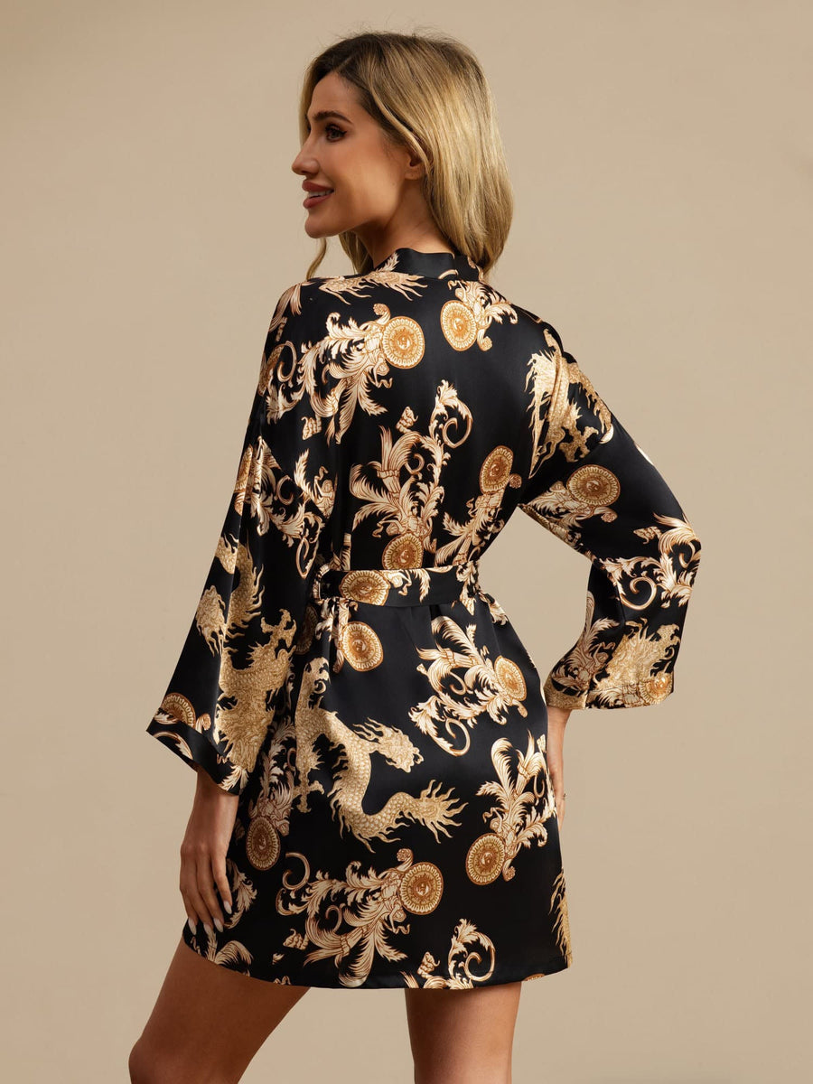 100% Mulberry Silk Dragon Print 3/4 Sleeve Women's Kimono Robe With Belt