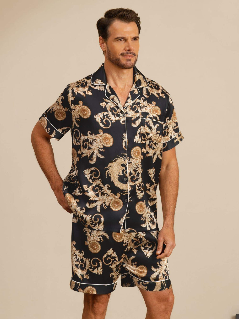 100% Mulberry Silk Men's Dragon Print Short Sleeve Lapel Collar Pajamas Set