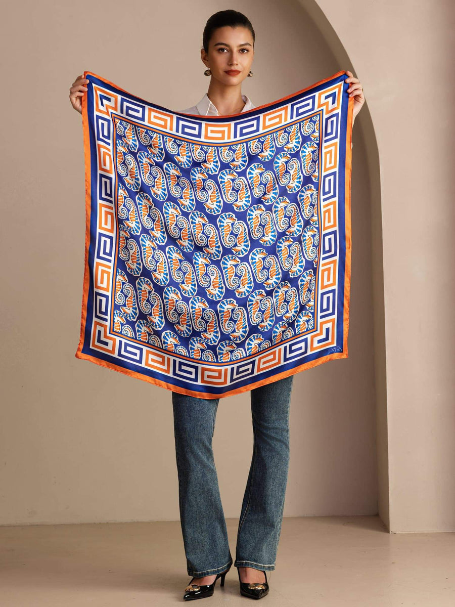 100% Mulberry Silk Seahorse Pattern Scarf - Size 90x90cm
