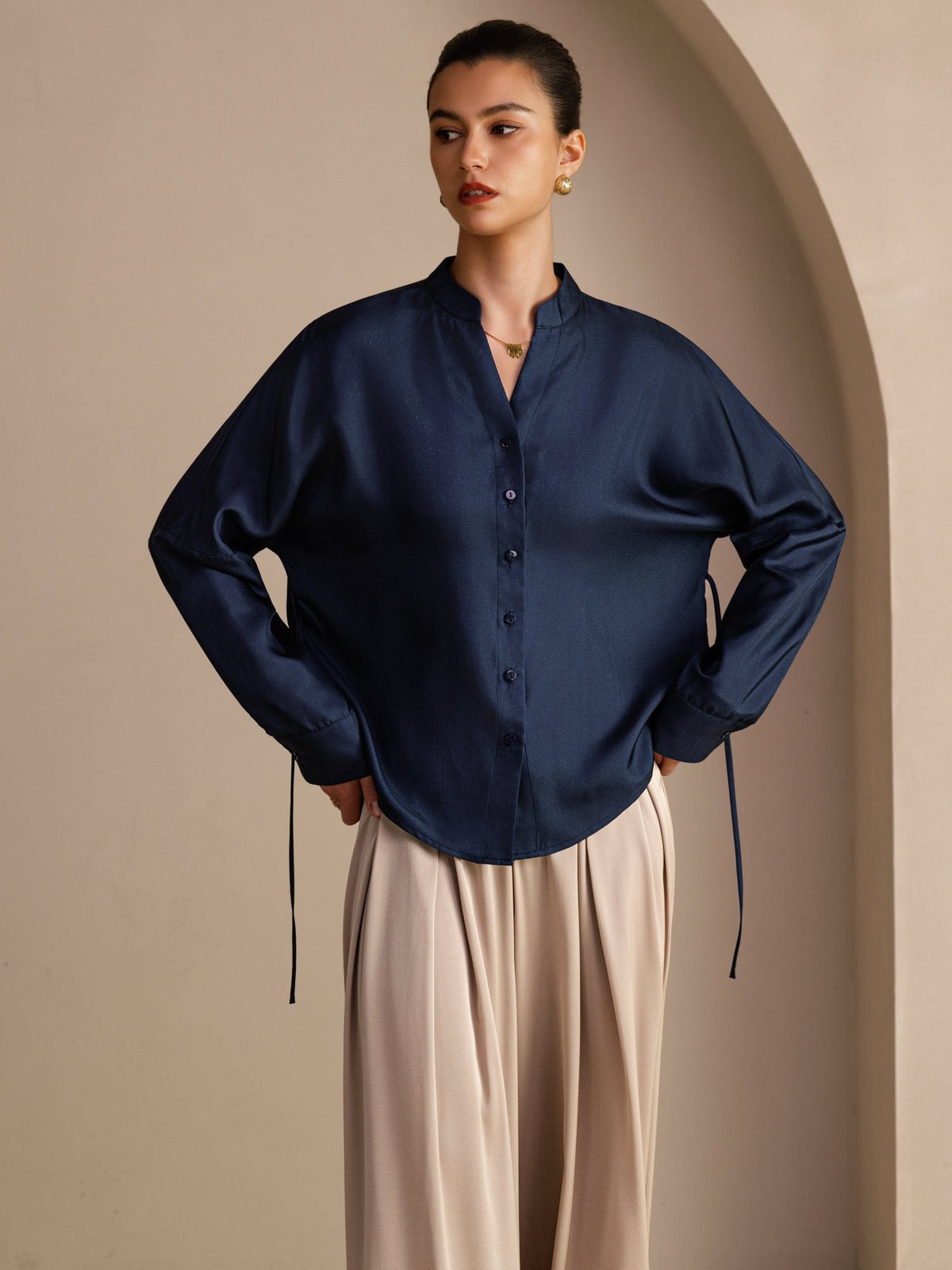 100% Mulberry Silk Women’s Split Neck Long Sleeve Blouse With Drawstring