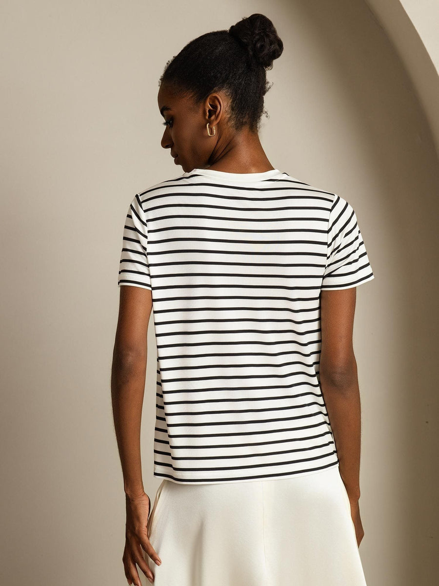 100% Mulberry Silk Crew Neck Short Sleeve Women's Sport Stripe Print T-Shirt