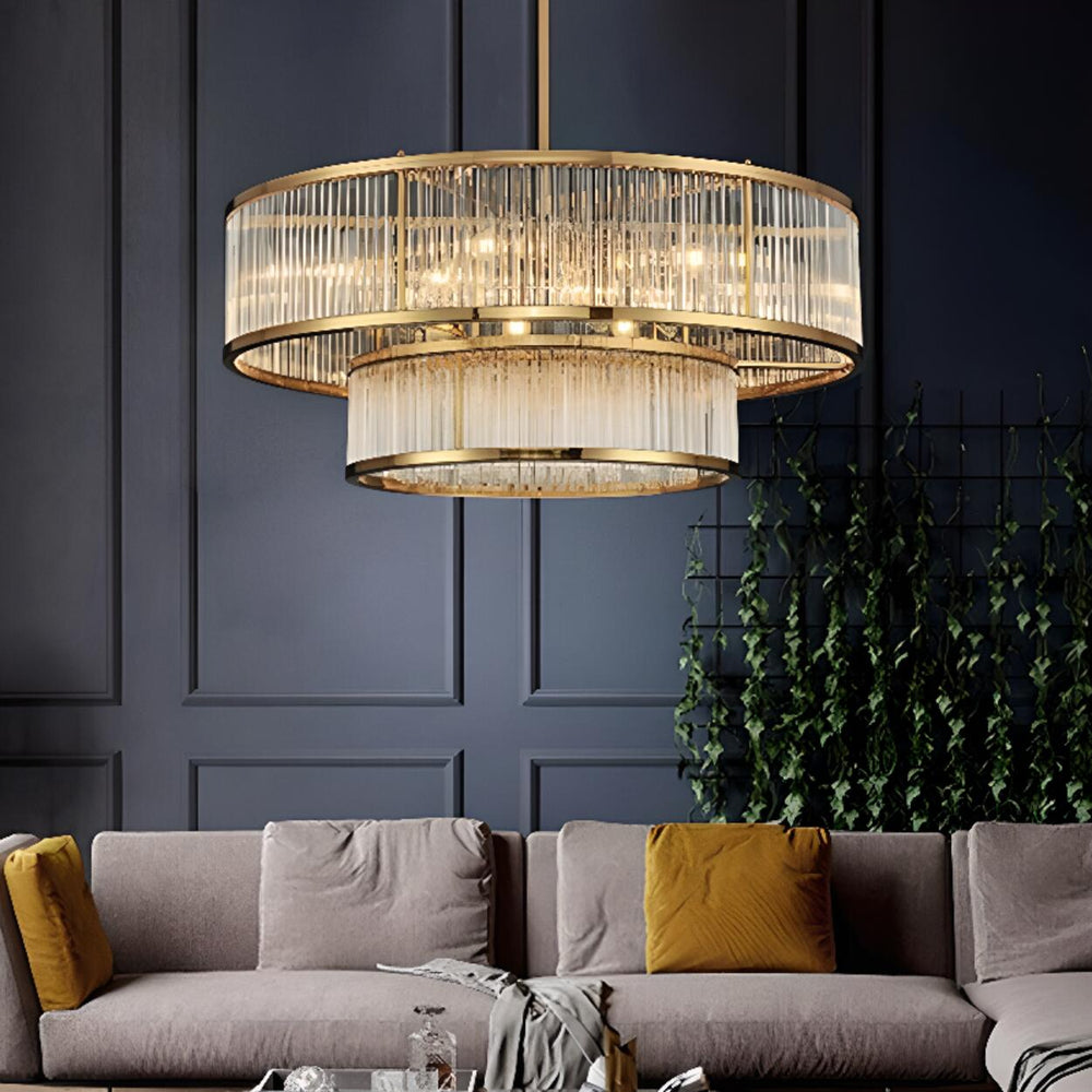 2 Tiers Adjustable Height Gold Drum Crystal Chandelier