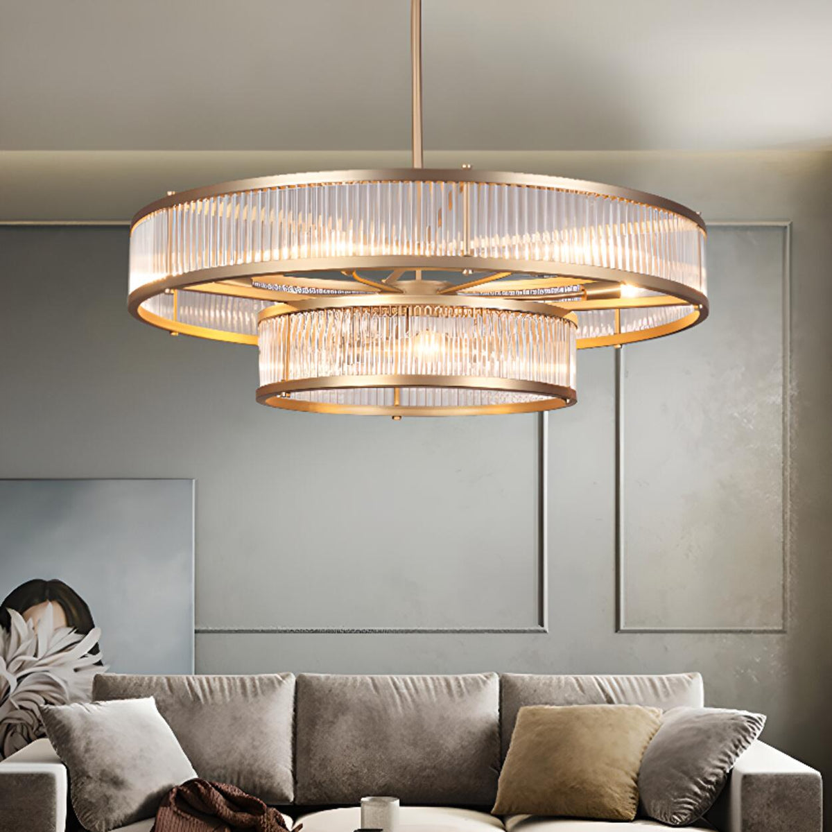 2 Tiers Adjustable Height Gold Drum Crystal Chandelier