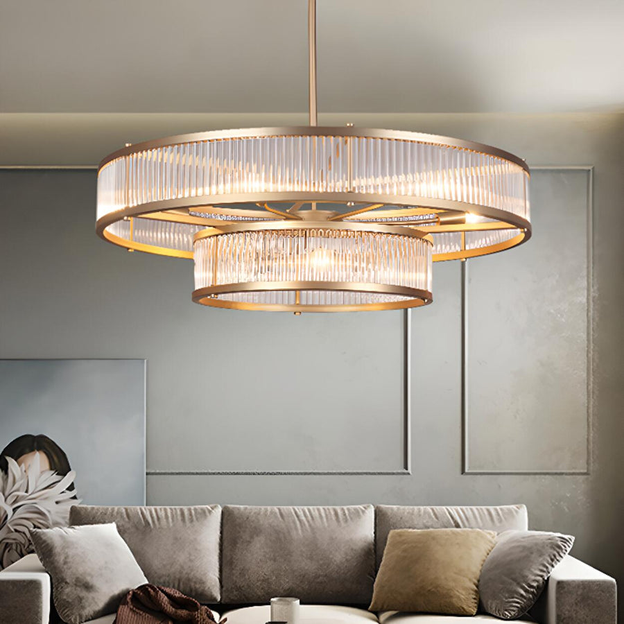 2 Tiers Adjustable Height Gold Drum Crystal Chandelier