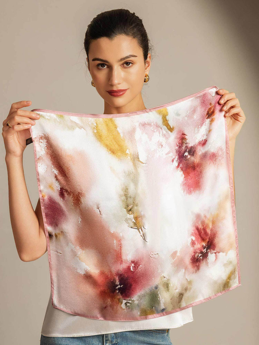 100% Mulberry Silk Floral Square Scarf with Pink Trim 53*53 cm