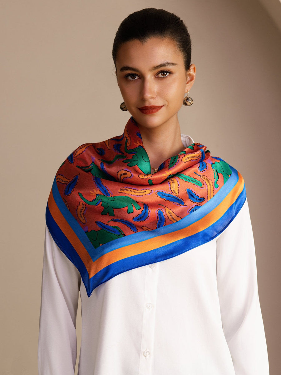 100% Mulberry Silk Elephant Pattern Scarf - Size 90x90cm