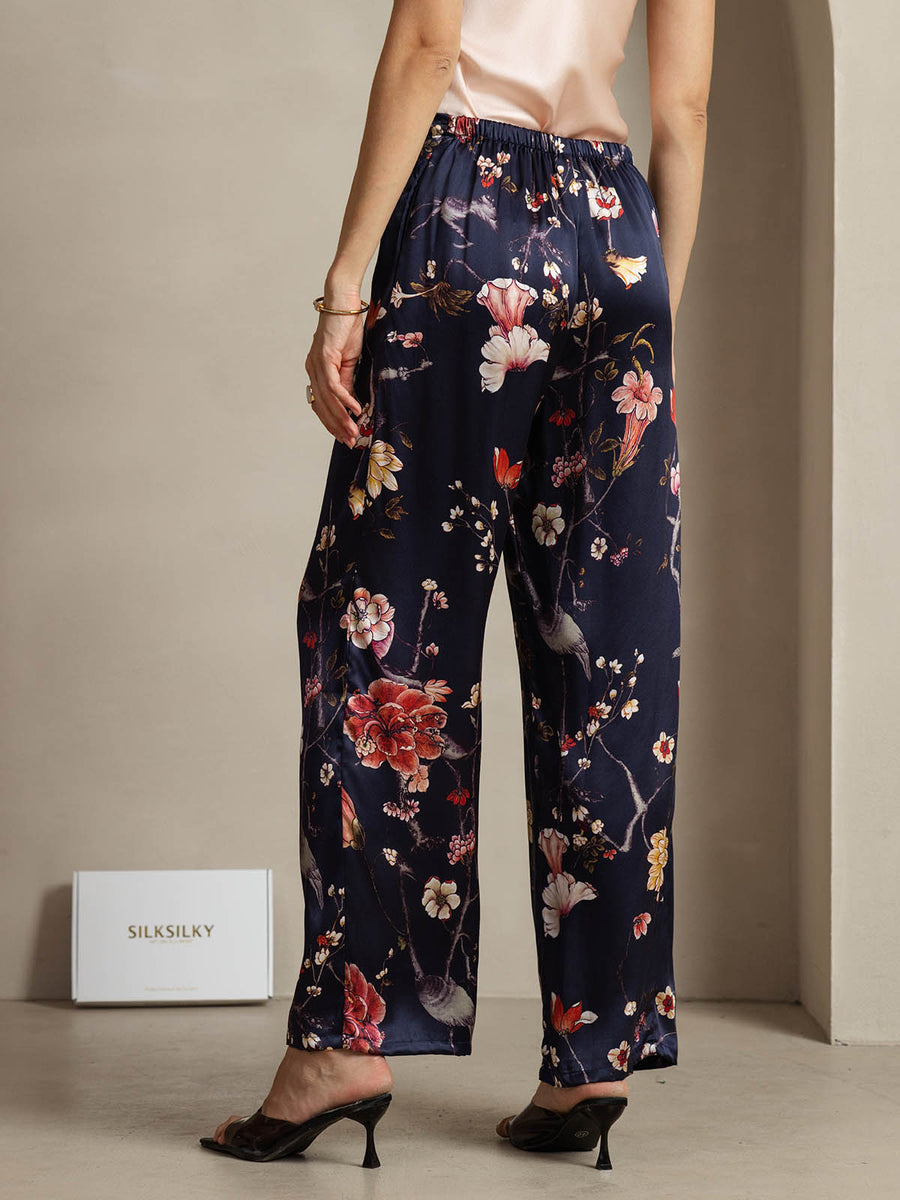 19Momme Silk Navy Floral Print Wide Leg Women's Pants With Side Pockets Design