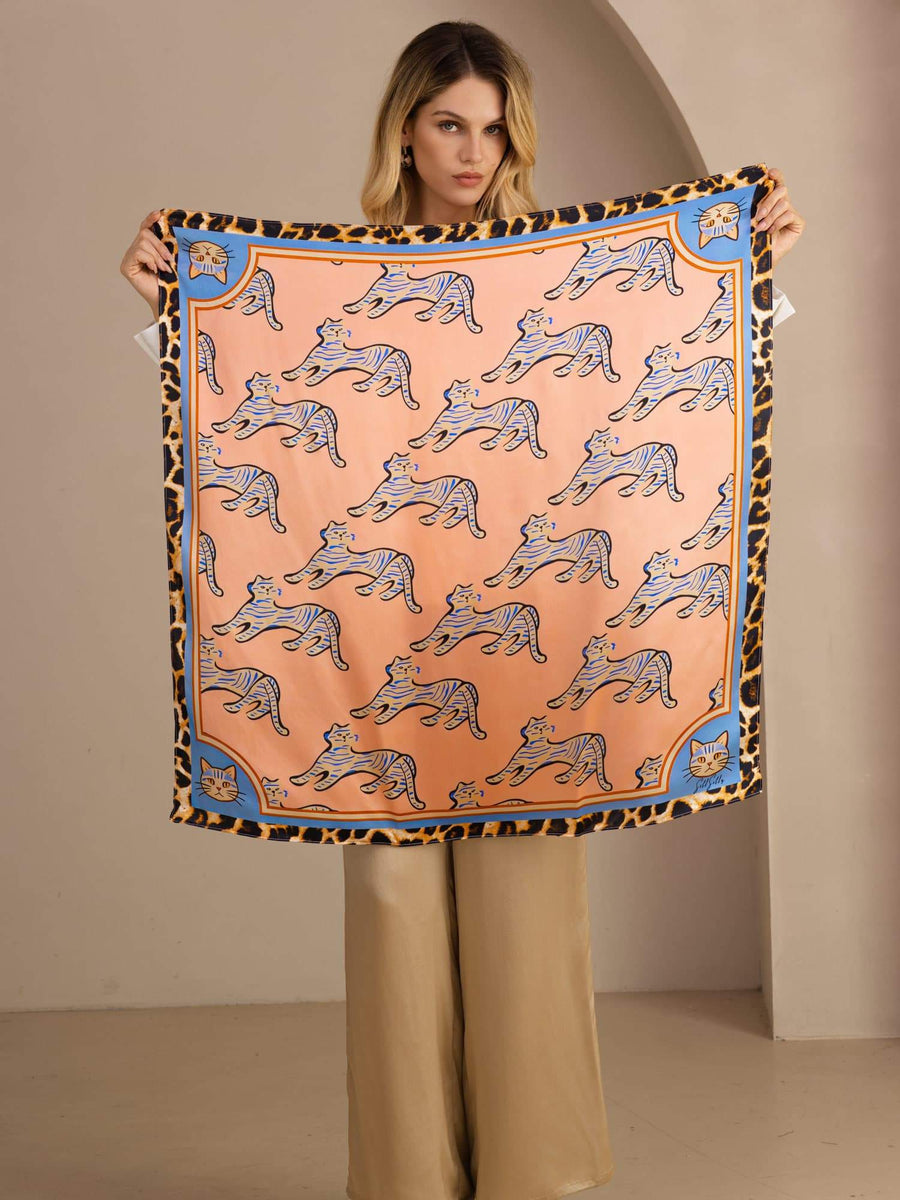 100% Mulberry Silk Cat Pattern Scarf - Size 90x90cm