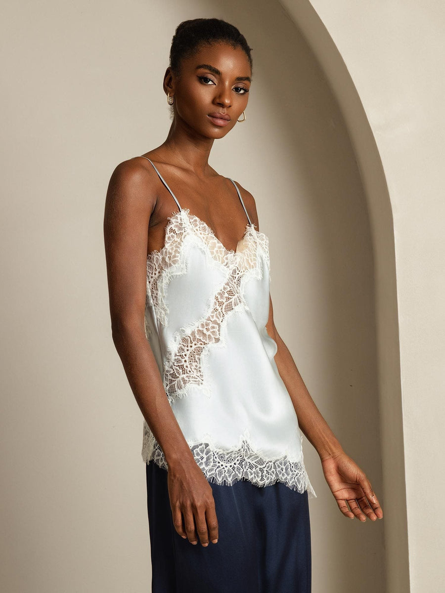 100% Mulberry Silk Spaghetti Straps Lace Camisole Top with Asymmetrical Hem