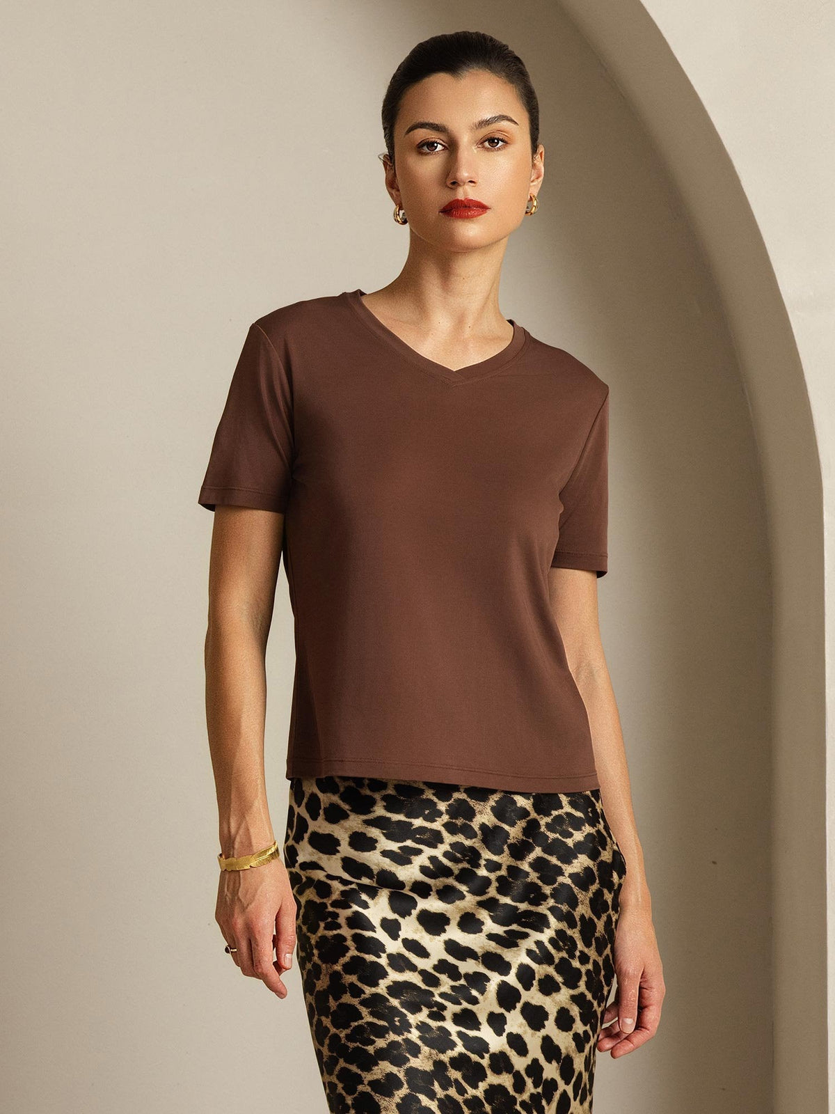 Clearance - 100% Mulberry Silk V Neck Short-Sleeve Snag-Resistant Women's T-Shirt