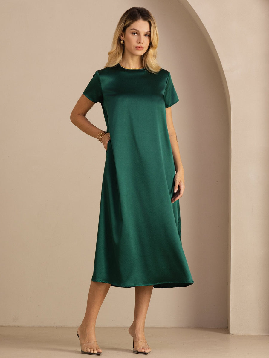 19Momme Silk Short Sleeve Crew Neck Midi Dress With Side Pockets