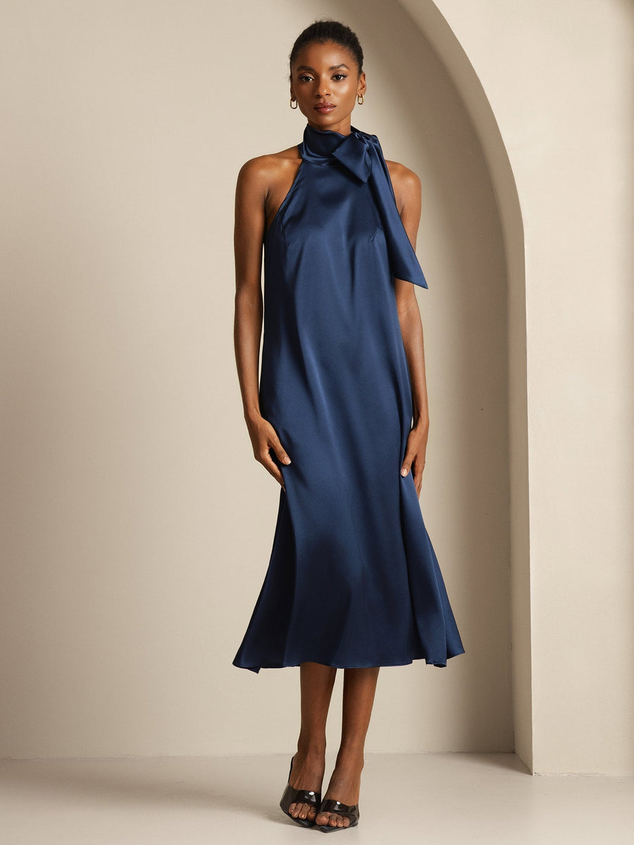 19Momme Silk Sleeveless Tie Neck Midi Dress