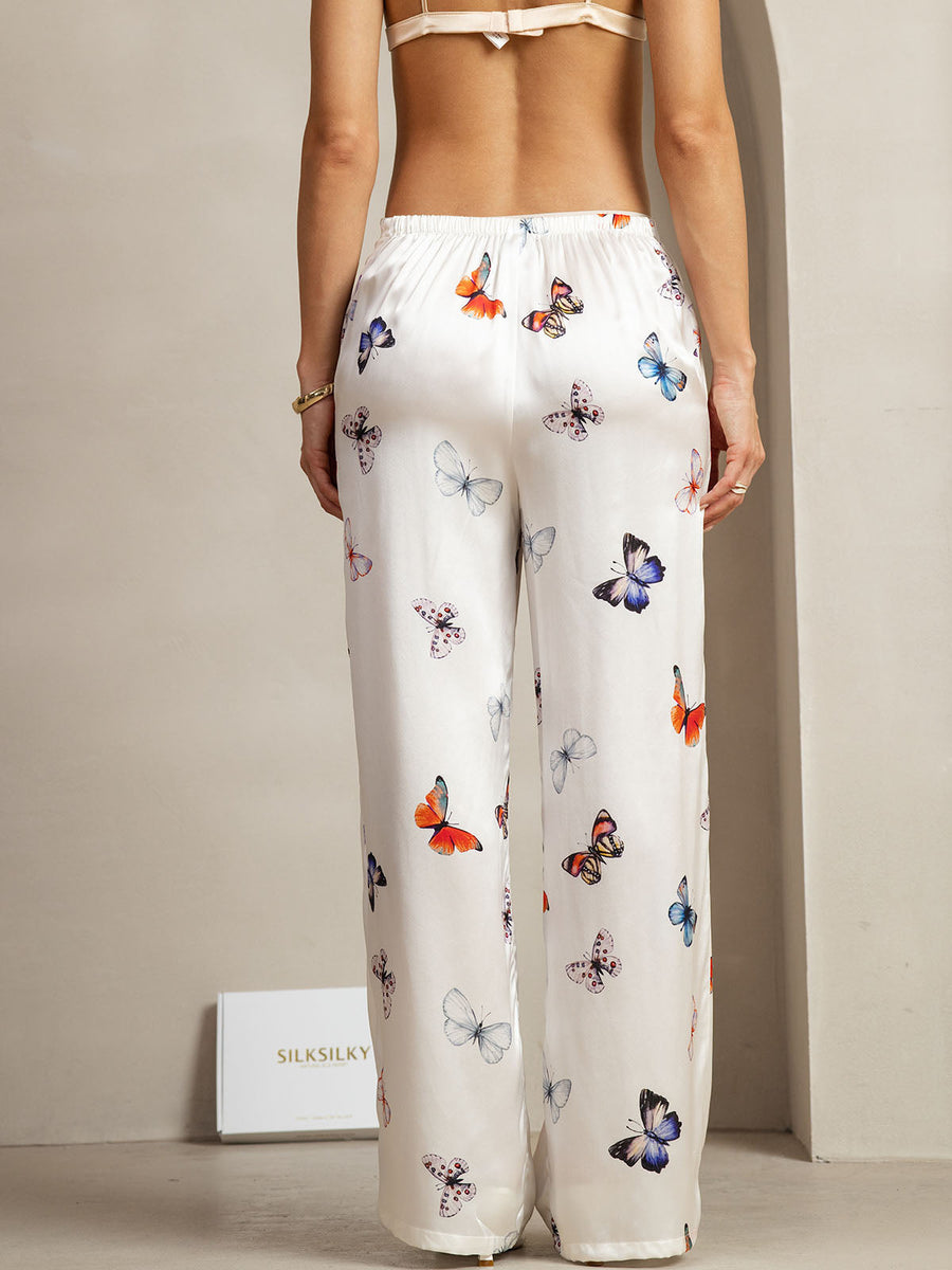 19Momme Silk Butterfly Print Wide Leg Women's Pants With Side Pockets Design