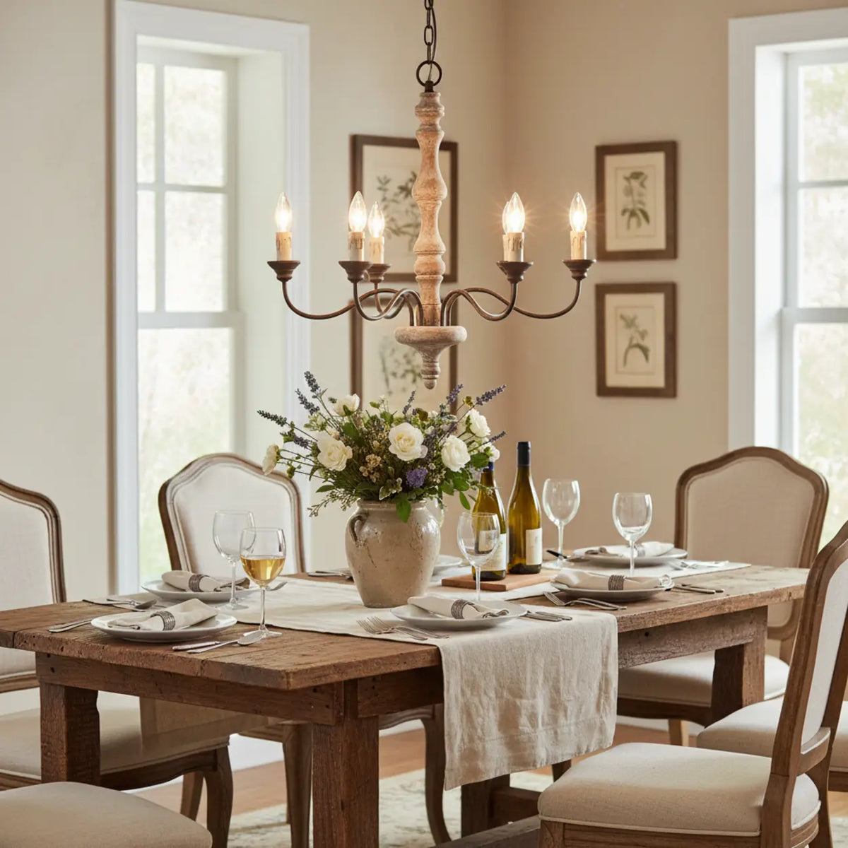 5-Light Natural Wood Candle Chandelier with Metal Arms