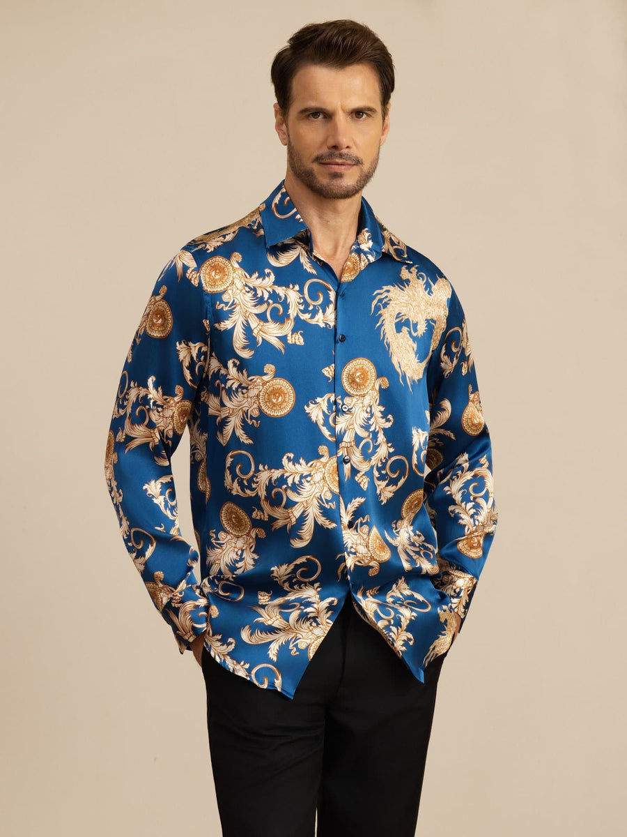 Pure Silk Men's Long Sleeve Lapel Collar Dragon Print Shirt