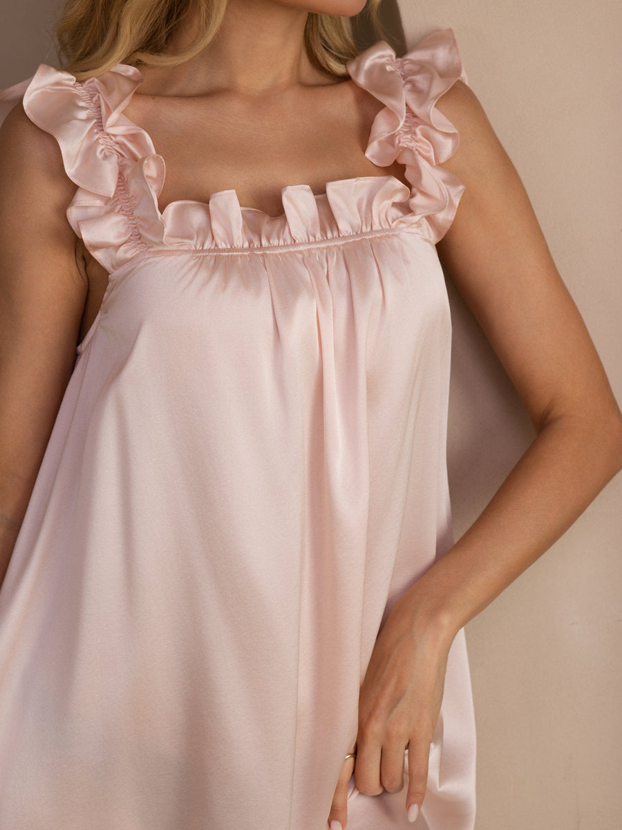 19Momme Silk Ruffle Strap Square Neck Babydoll A-Line Short Nightgown