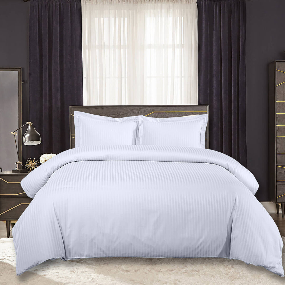 Duvet Cover Set Easy Care 650 Thread Count - Damask Striped (White)