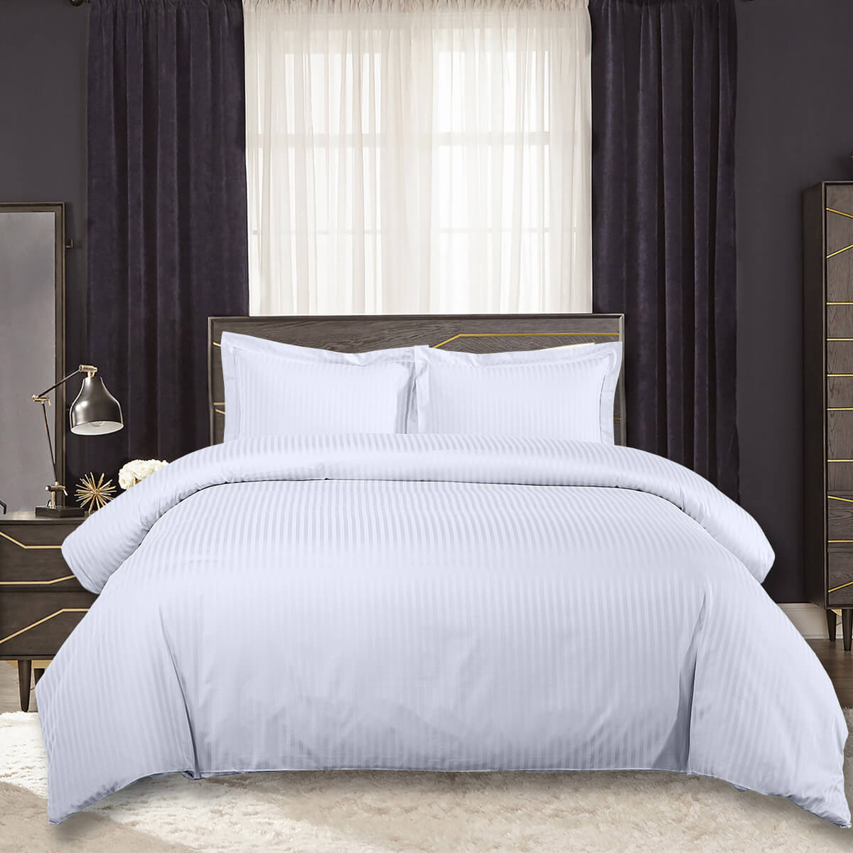 Duvet Cover Set Easy Care 650 Thread Count - Damask Striped (White)