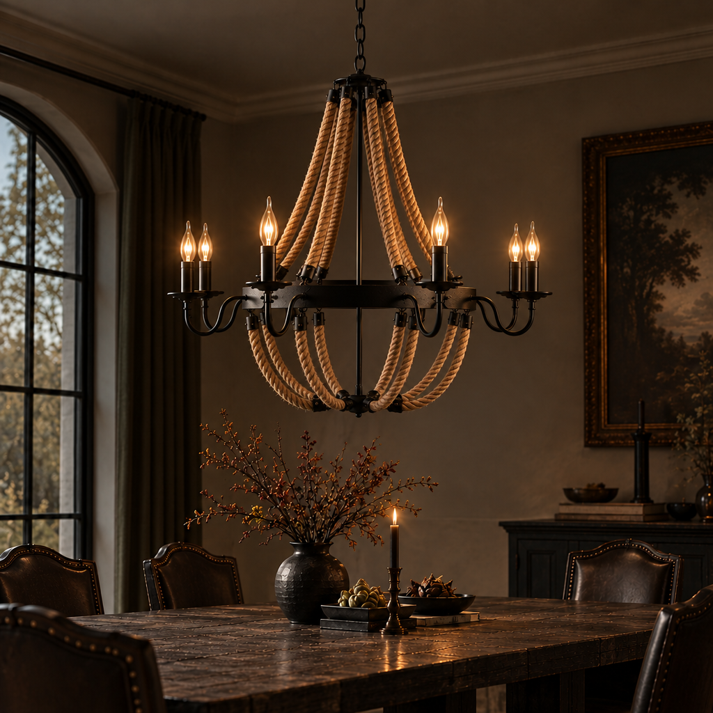Industrial Iron Rope Chandelier for Living Room, Black