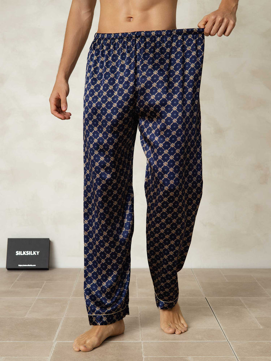 Men's 100% Mulberry Silk Chain Print Sleep Pants with Elastic Waist