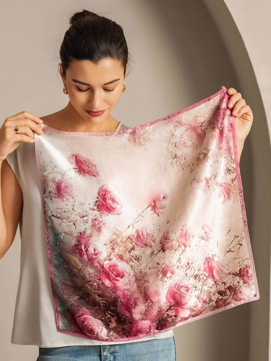 100% Mulberry Silk Rose Pattern Square Scarf - Size 53x53cm