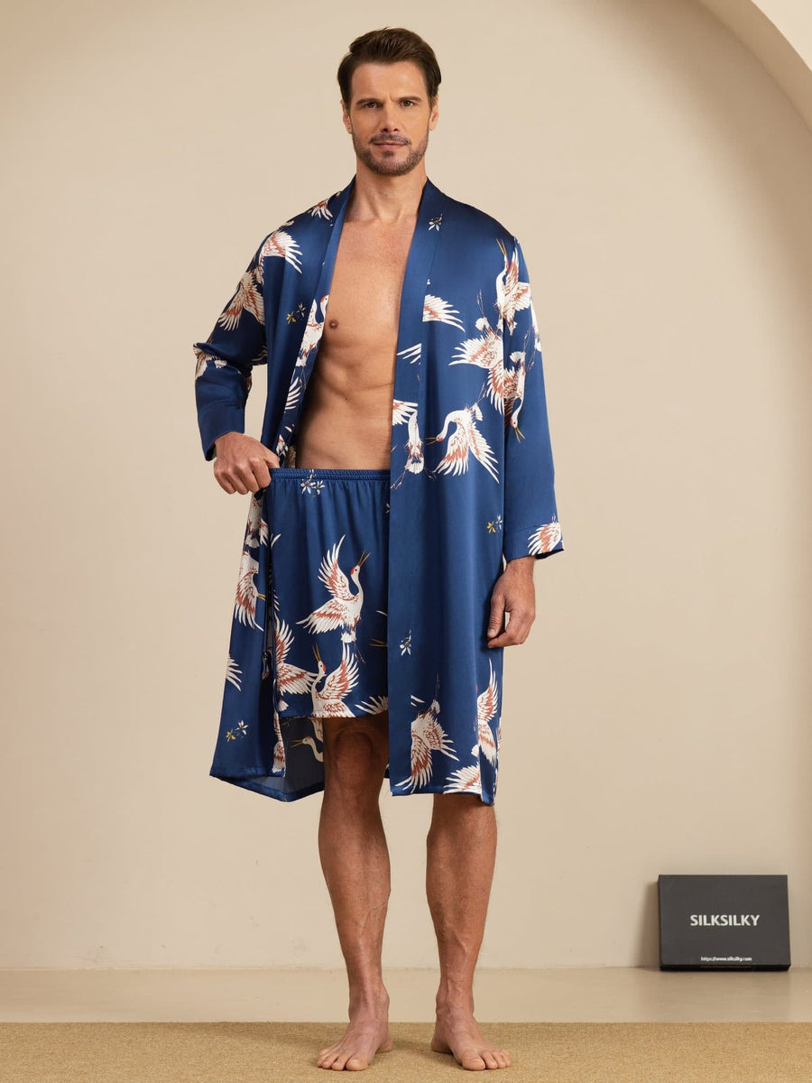 19Momme Pure Silk Men’s Knee Length Crane Printed Robe & Sleep Shorts Set