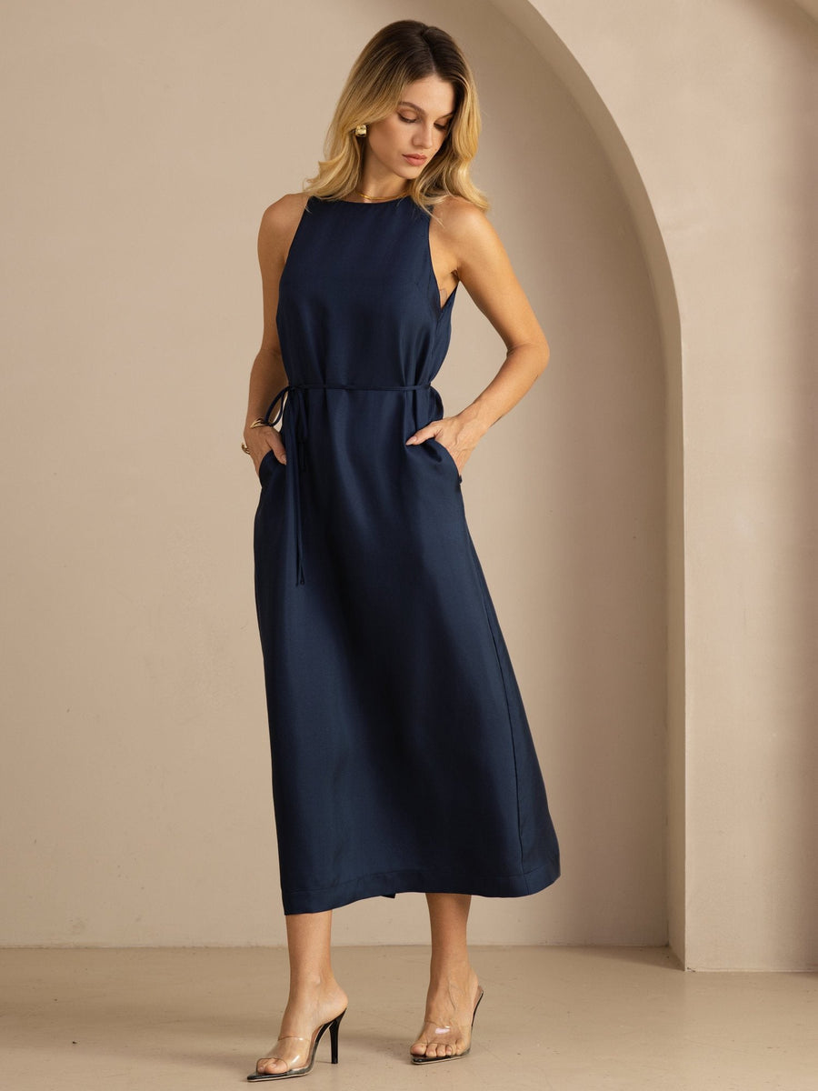 100% Mulberry Silk Crew Neck Sleeveless Self-Tie Midi Dress