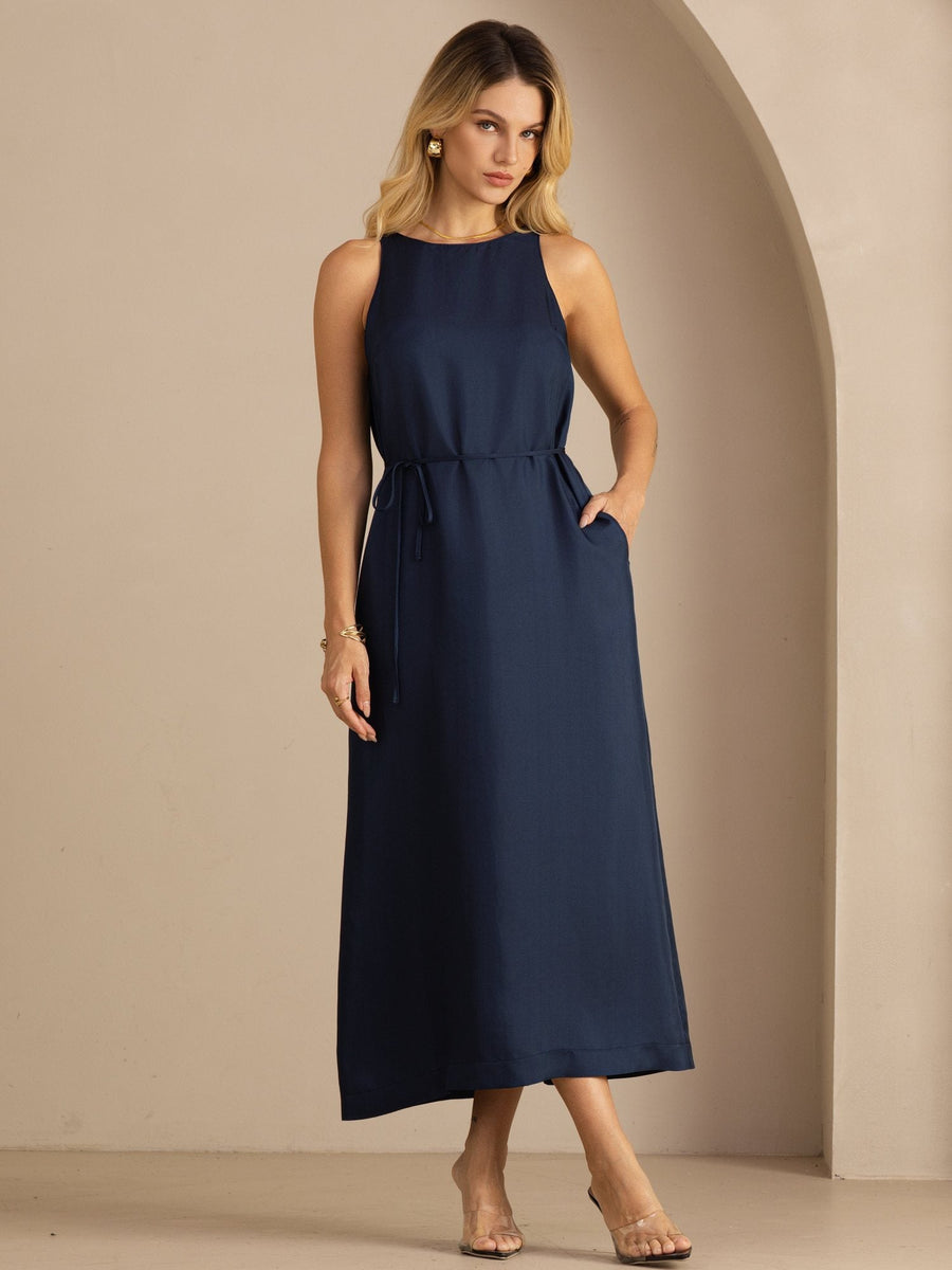 100% Mulberry Silk Crew Neck Sleeveless Self-Tie Midi Dress