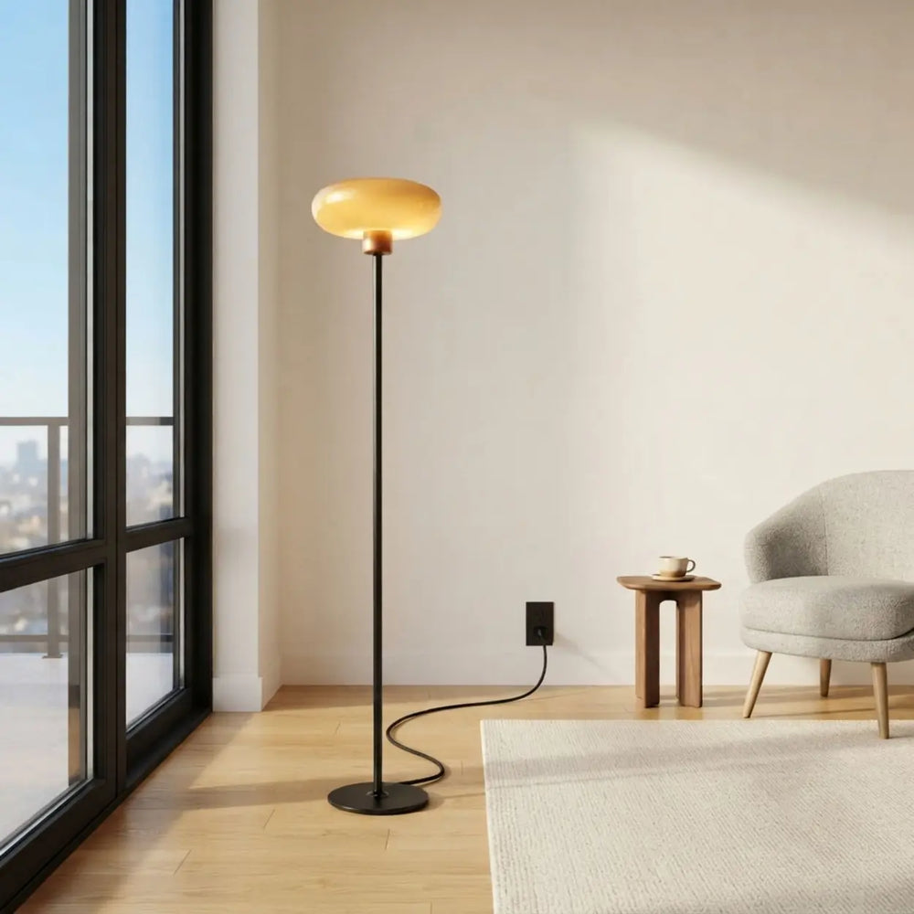 75-Inch Black Metal LED Floor Lamp with Amber Glass Shade