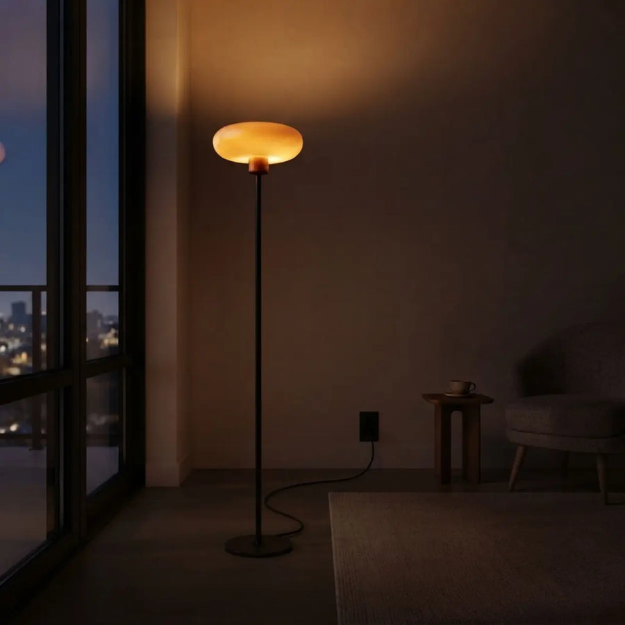 75-Inch Black Metal LED Floor Lamp with Amber Glass Shade