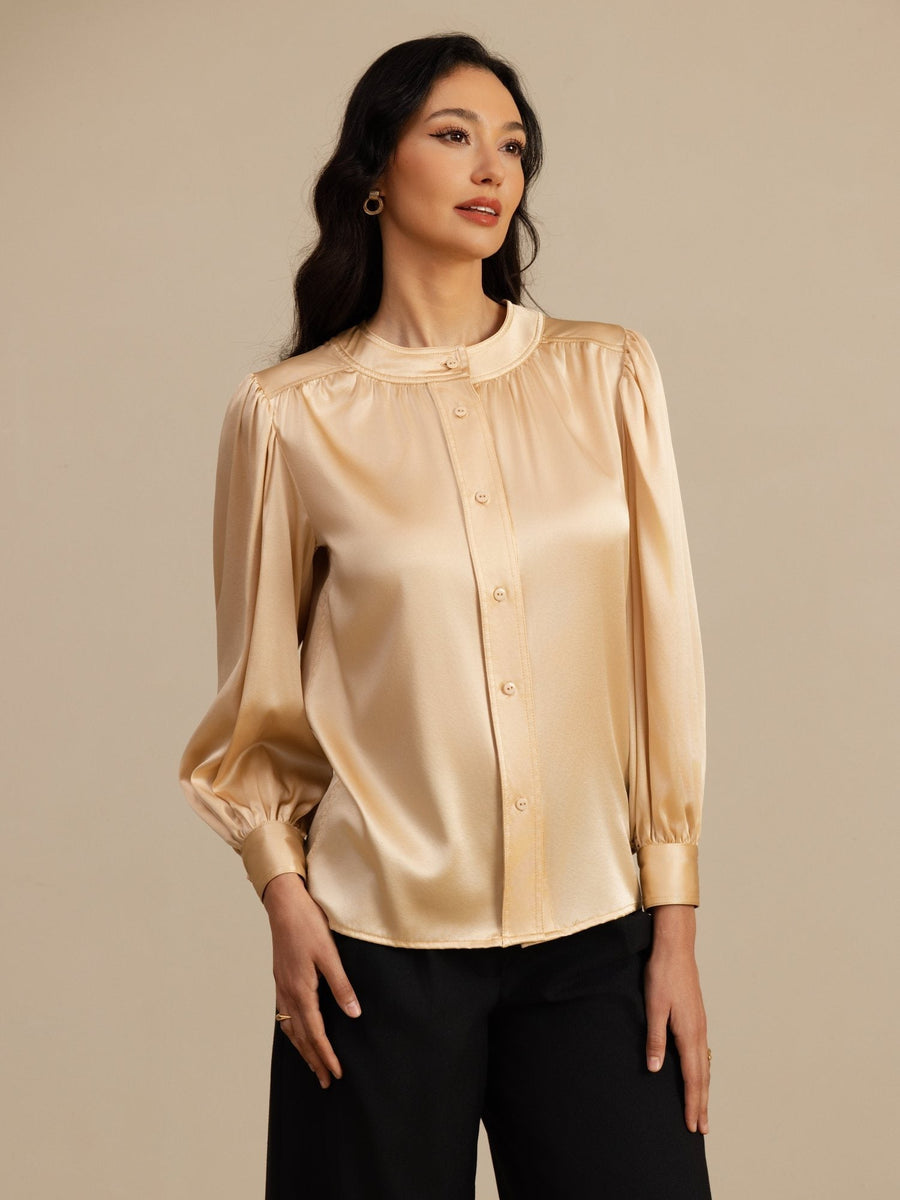 Clearance - 19Momme Silk Women's Round Neck Lantern Sleeve Blouse With Button Closure
