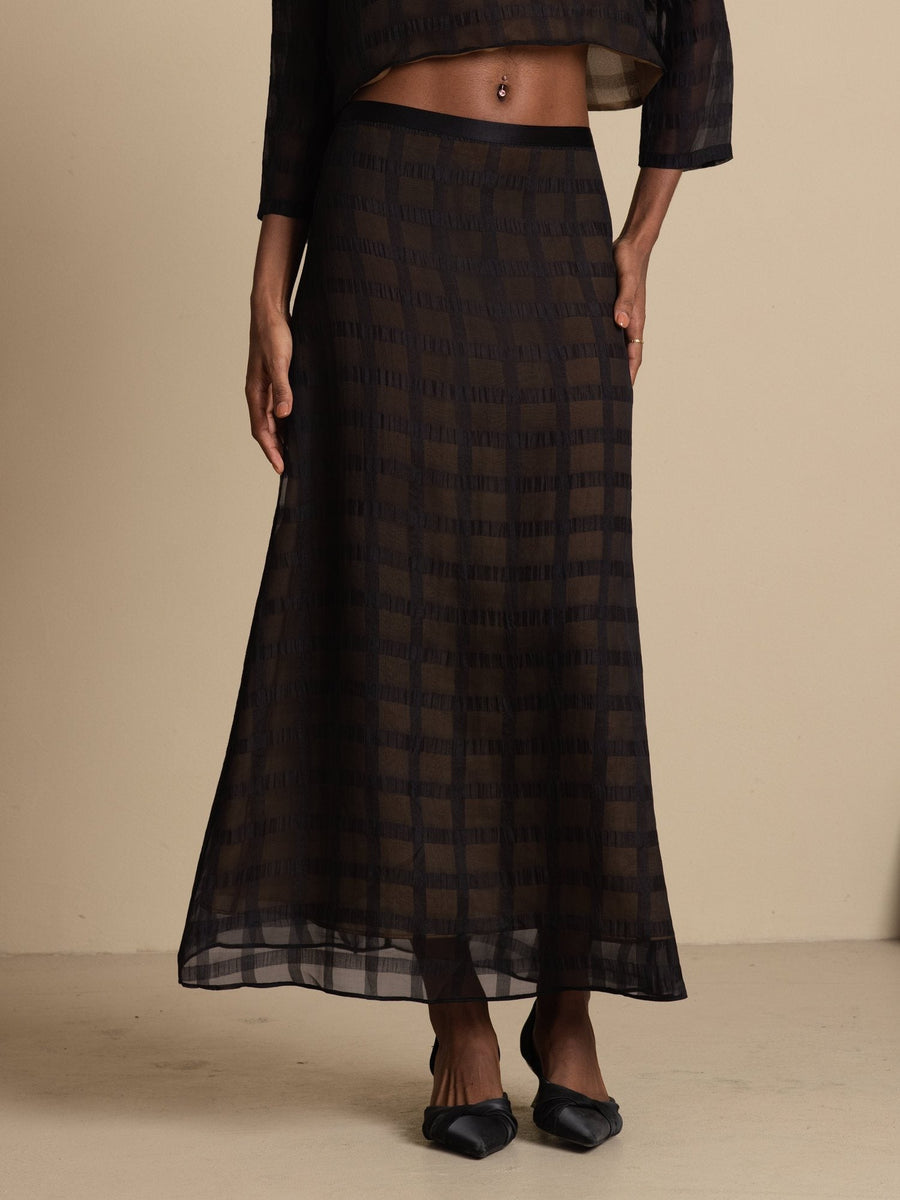 Clearance - 100% Mulberry Silk High-Waist A-Line Textured Grid Long Skirt With Back Zipper