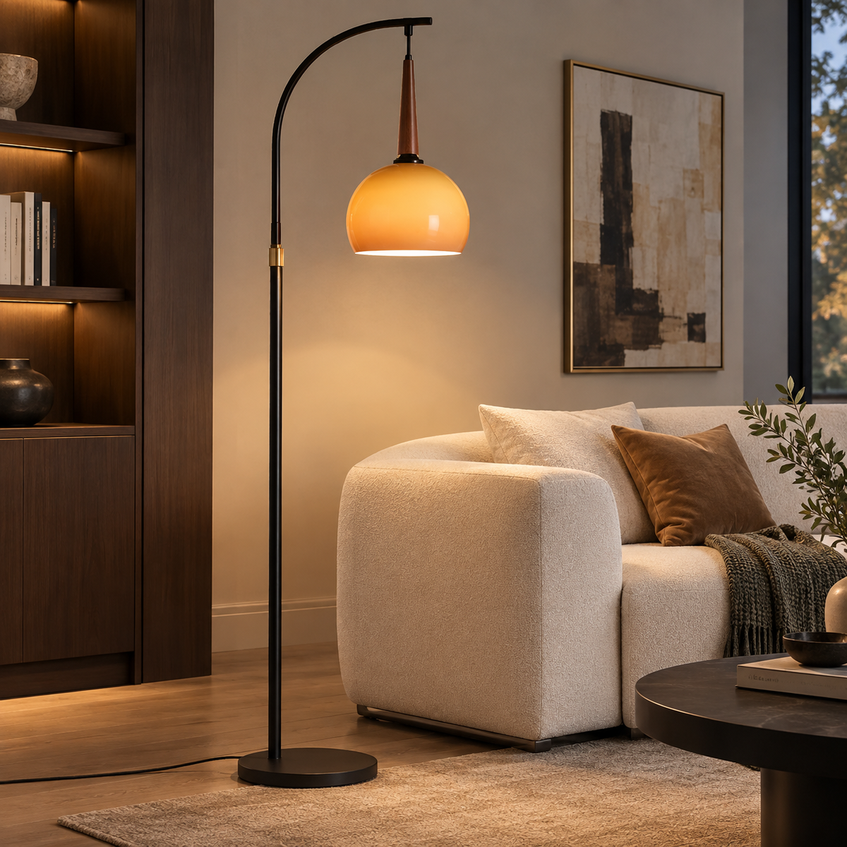 Adjustable Arc Floor Lamp with Caramel Glass Bowl Shade