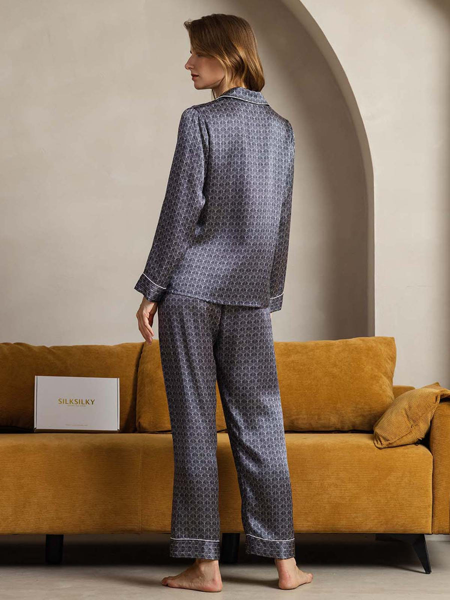 Clearance - Women's 100% Mulberry Silk Ginkgo Print Long Sleeve Lapel Collar Pajamas Set