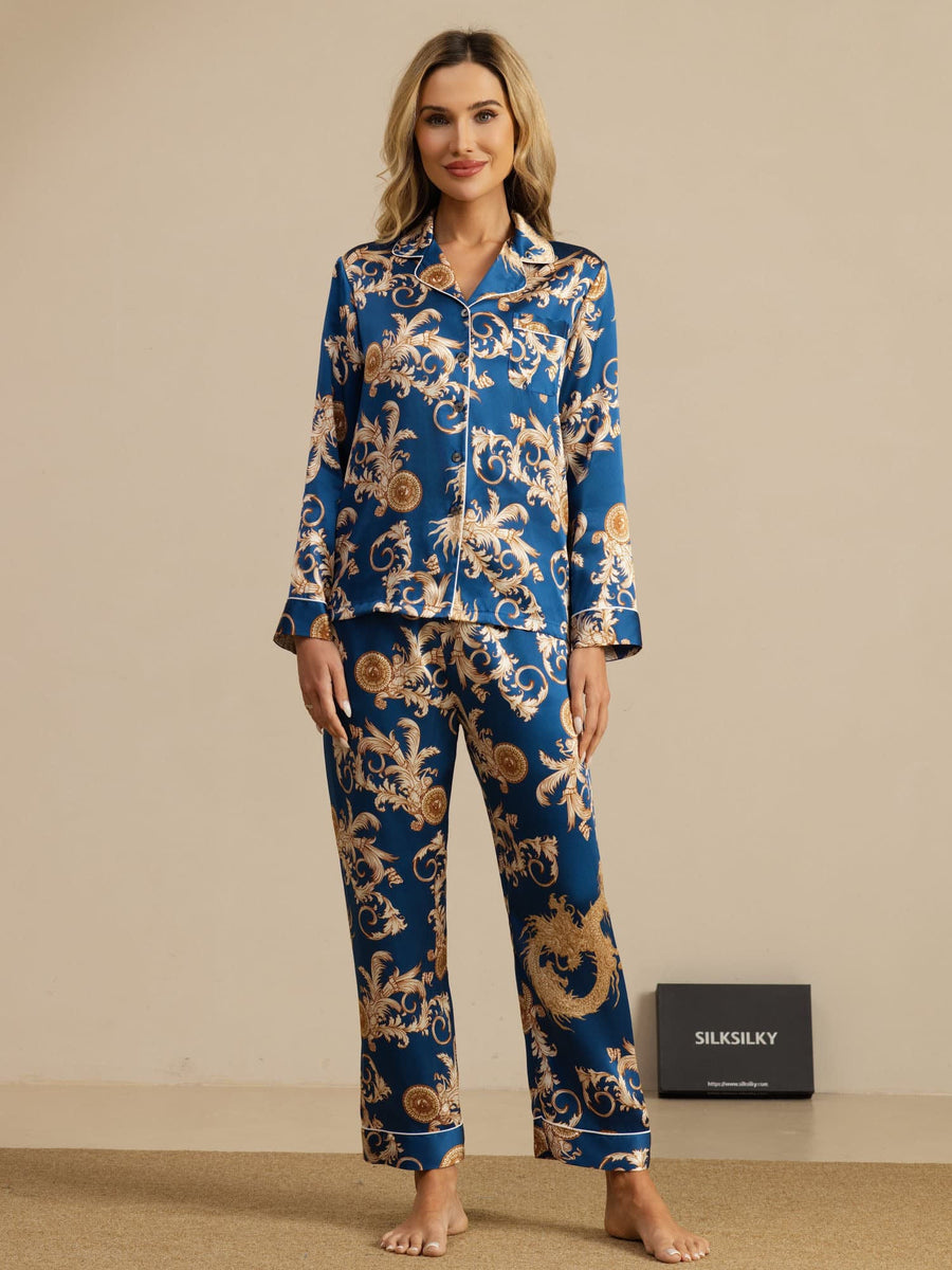 100% Mulberry Silk Dragon Print Long Sleeve Notch Collar Women's Pajamas Set With Pants