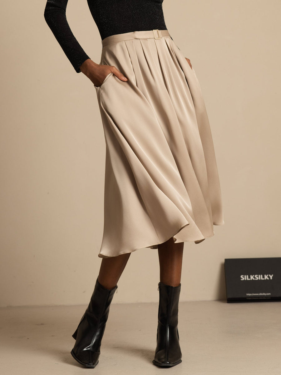 19Momme Silk High Waist A-Line Pleated Midi Skirt with Pockets