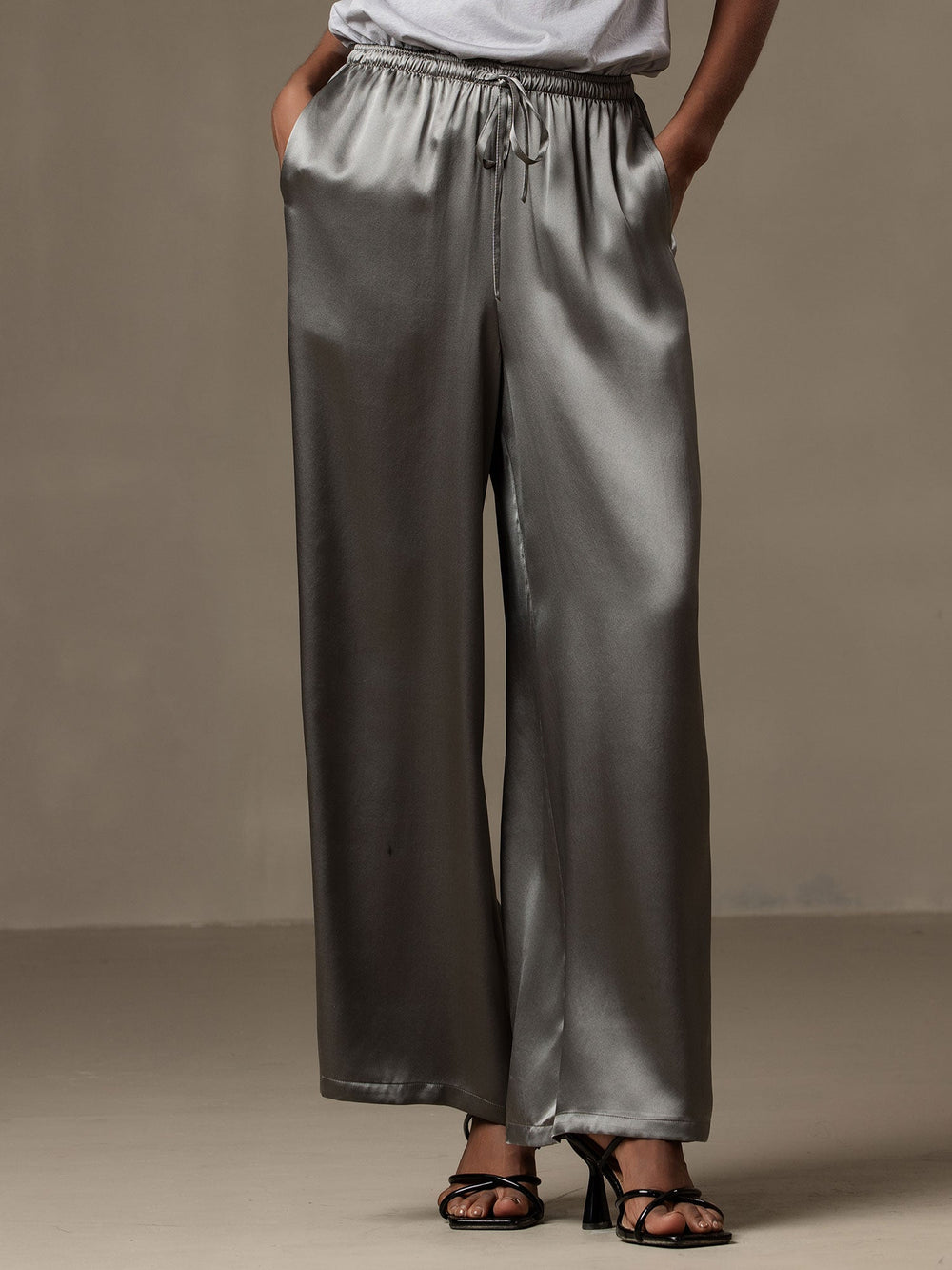 100% Mulberry Silk Wide Leg Women's Pants with Elastic Waist Design