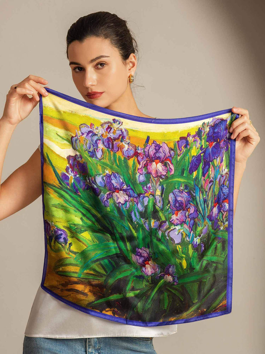 100% Mulberry Silk Floral Oil Painting Square Scarf - Size 53x53cm