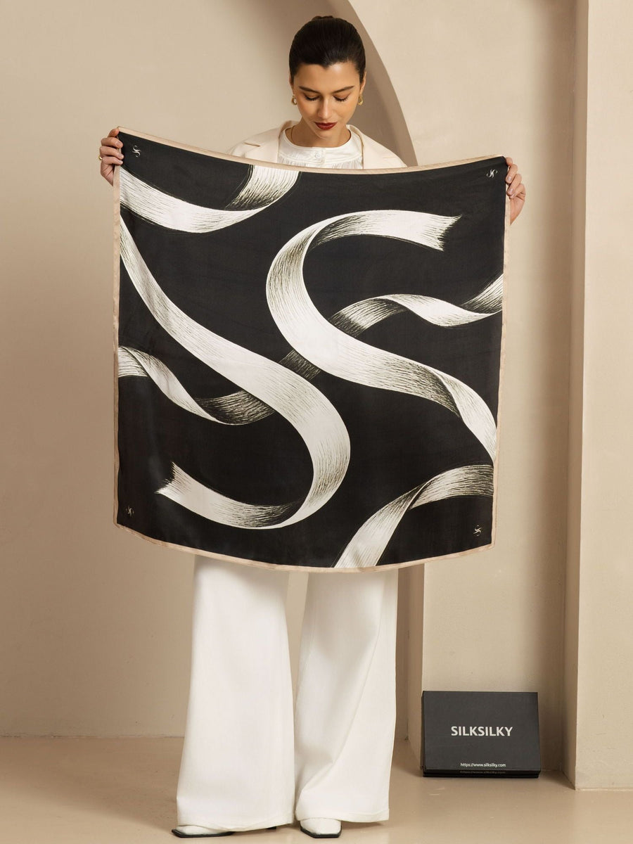 100% Mulberry Silk White Ribbon Square Scarf - Size 90x90cm