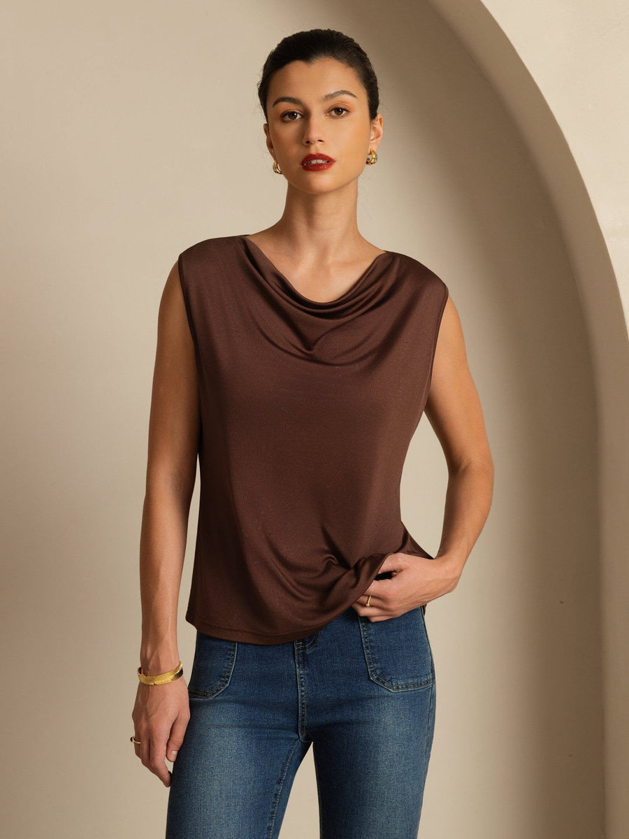 Clearance - Pure Silk Women's Sleeveless Cowl Neck Basic Casual Top