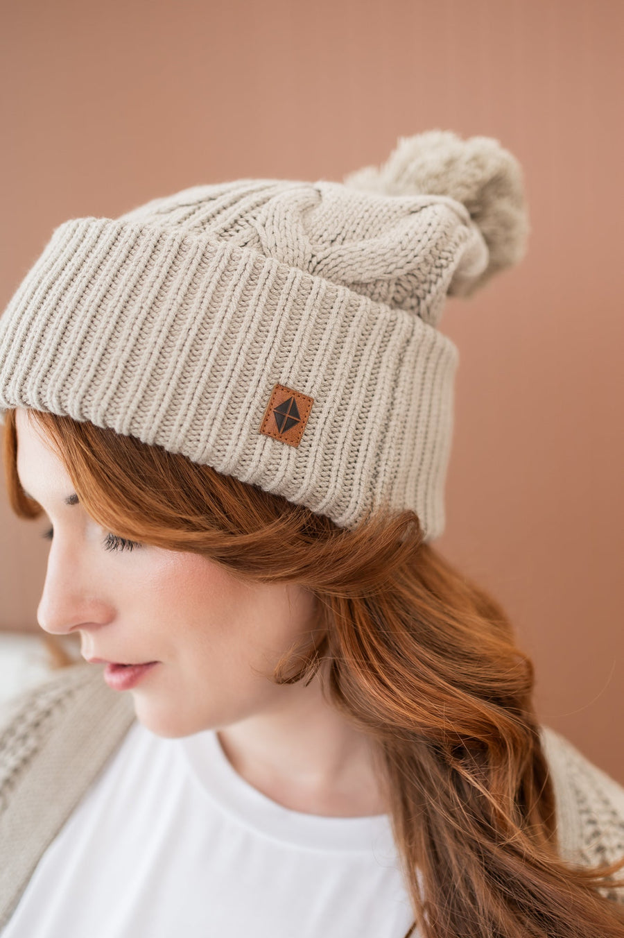 Cable Knit Pom Beanie in Almond