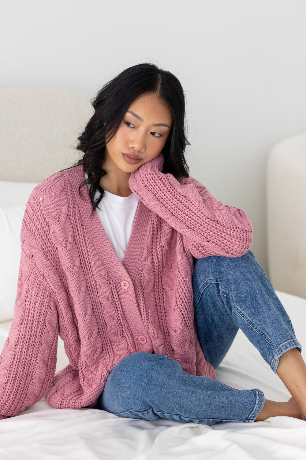 Cable Knit Cardigan in Apple Blossom